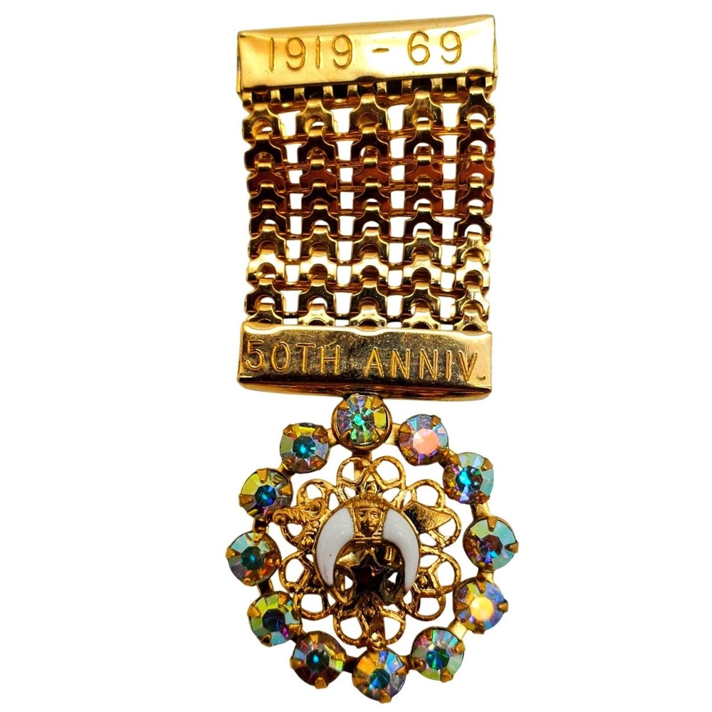 Shriners Crescent Sword Mesh Bar Pin Gold Tone Aurora Borealis Rhinestone Brooch